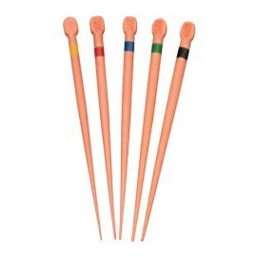 Five colour-coded root canal points laid out ready for use